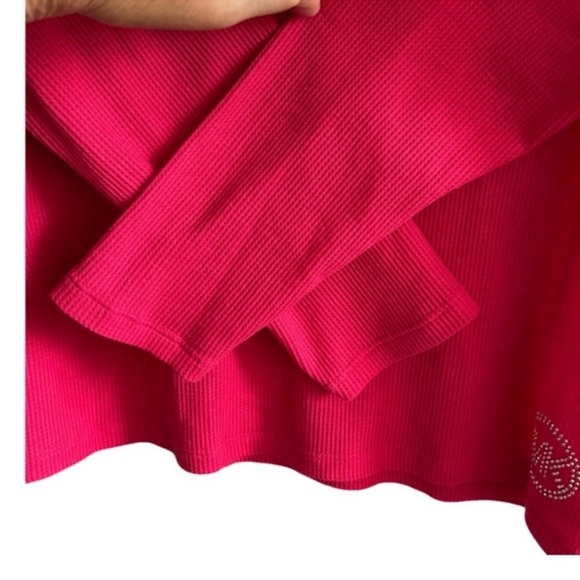Michael Kors Waffle Knit Tee Long Sleeve Cowl Neck Thermal Top Deep Pink Size L - Picture 5 of 10